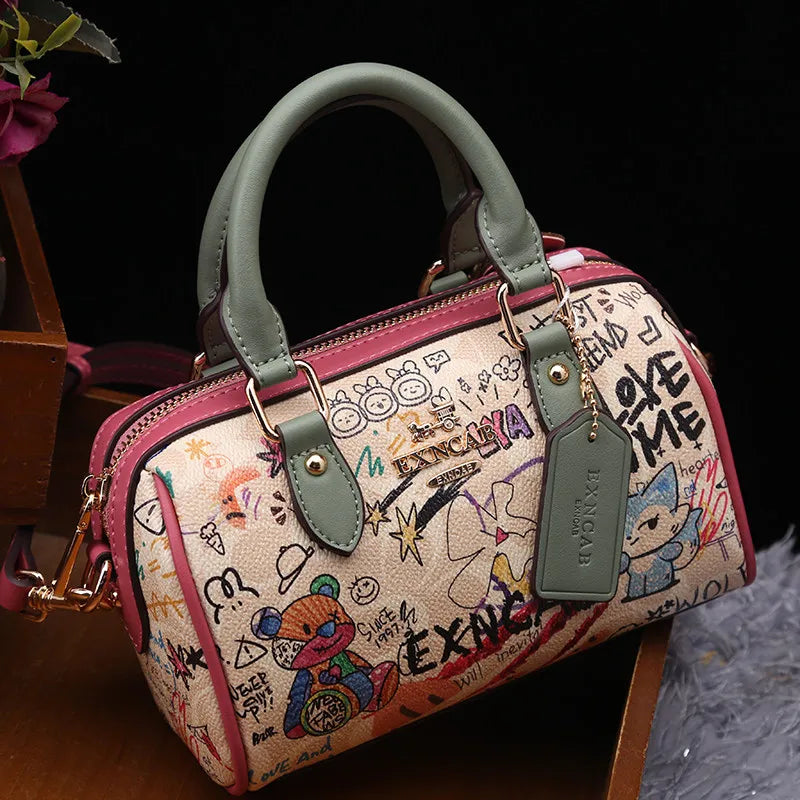 Luxury Vintage Handheld Boston Bag Fashion Cartoon Graffiti Leather Trendy Bag