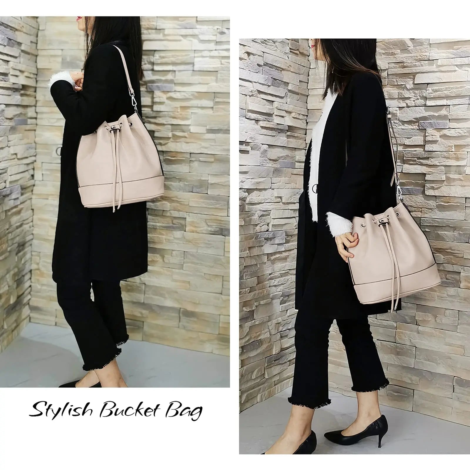 Leather Bucket Bags and Drawstring Crossbody Purse Medium Tote Stylish Handbags