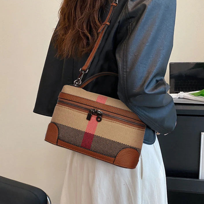 Women's shoulder crossbody mini bag plaid small square bag made of canvas and cowhide