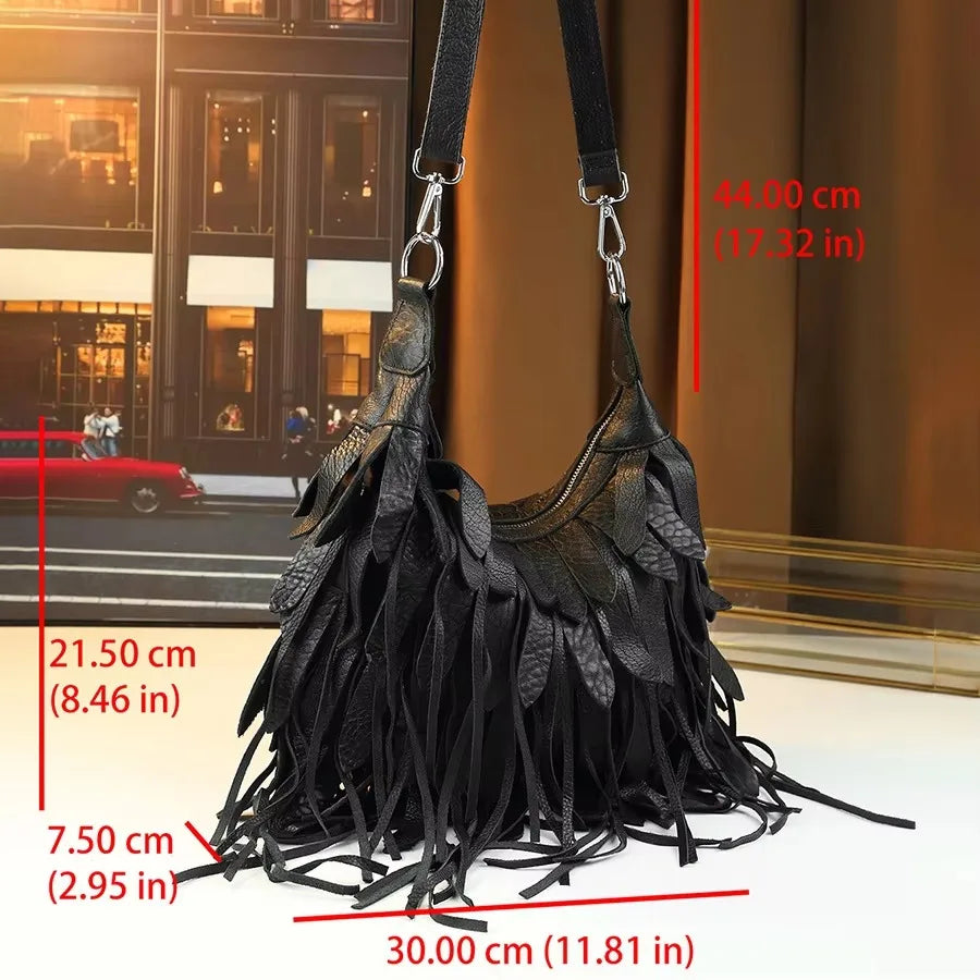 Vintage Patchwork Fringe Hobo Bag Genuine Leather Tassel Bag