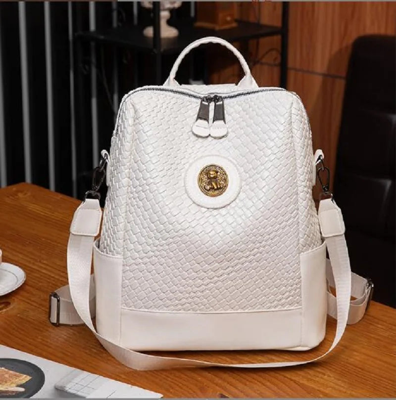 Fashion High Quality Woven Soft Leather Backpack Women Large Capacity Travel Bag