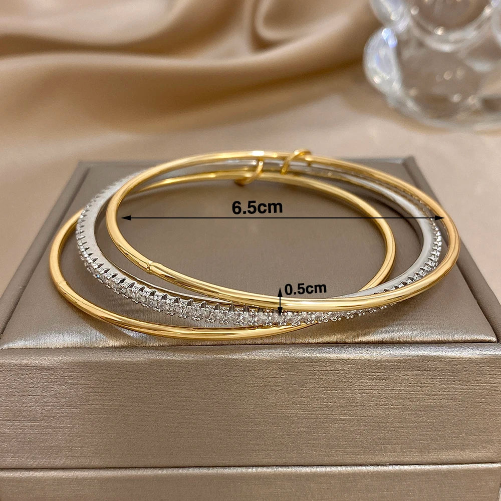 3pcs Two Tone Full Rhinestone Smooth Bangle Bracelets for Women