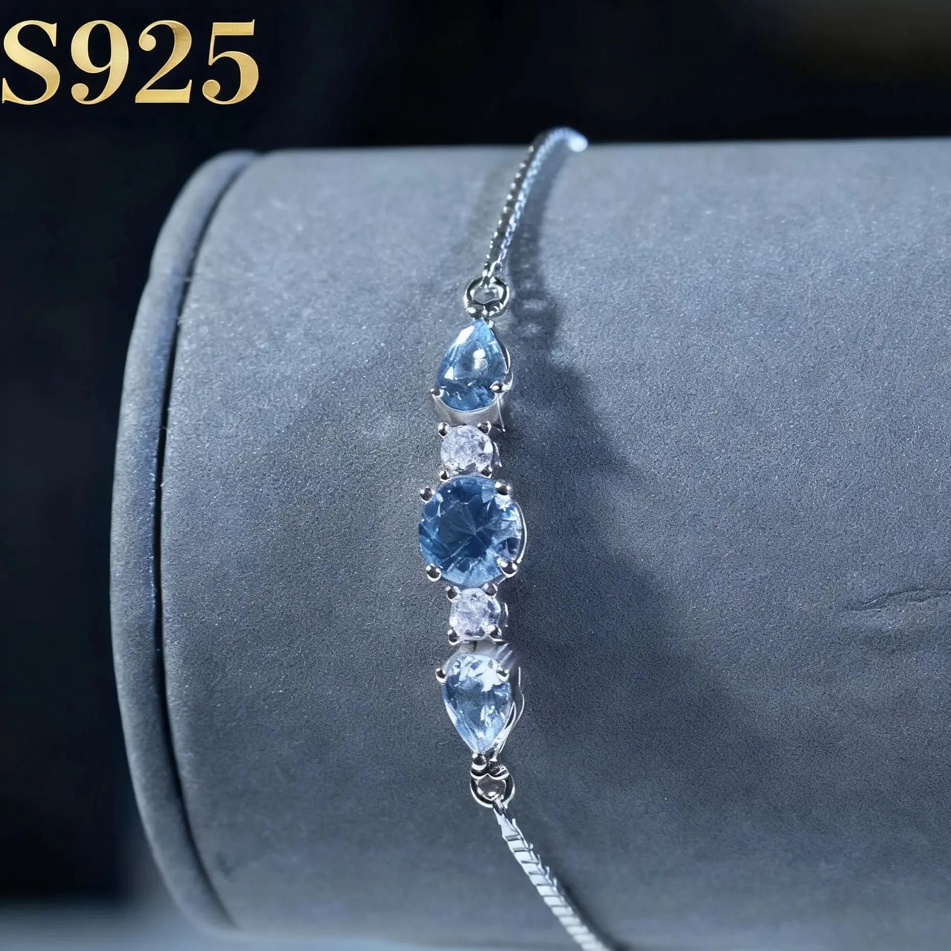 925 Sterling Silver Bracelets Adjustable Nano Blue Topaz Bracelet