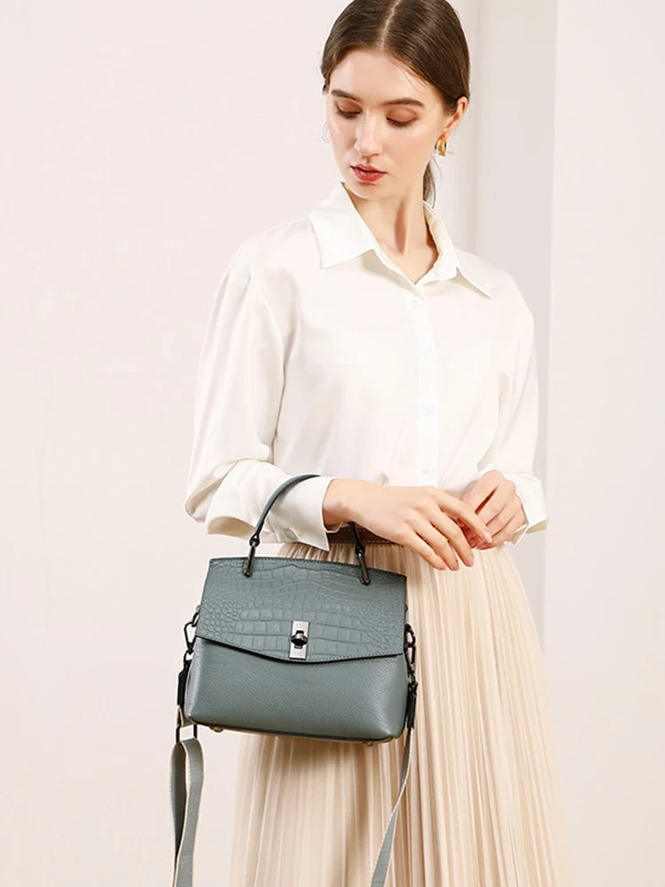 Zency Genuine Leather Women's Handbag Stone Vintage Tote Bag Luxury Brand Female Crossbody Spring Fashion Lady Shoulder Satchel