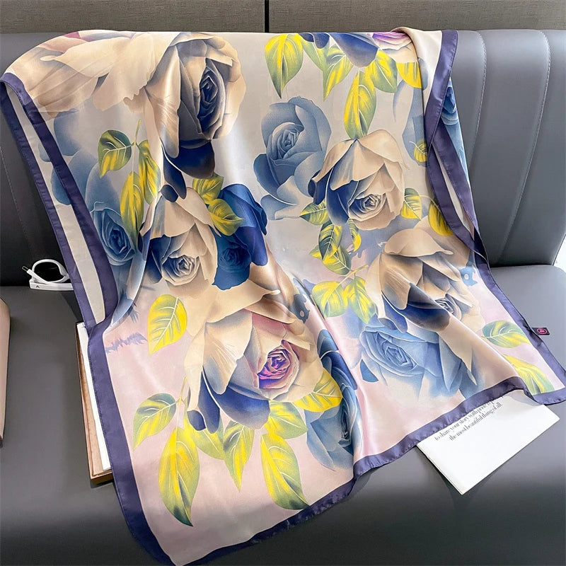 180*90cm Large Silk Satin Scarf Hijab Women Print Shawl