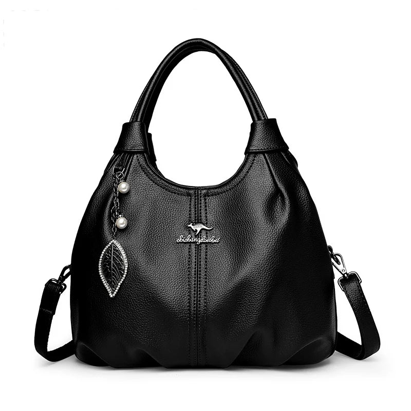 Soft Leather Hobo Handbag 3 Layer Shoulder Crossbody Bag with Pearl Leaf Pendant