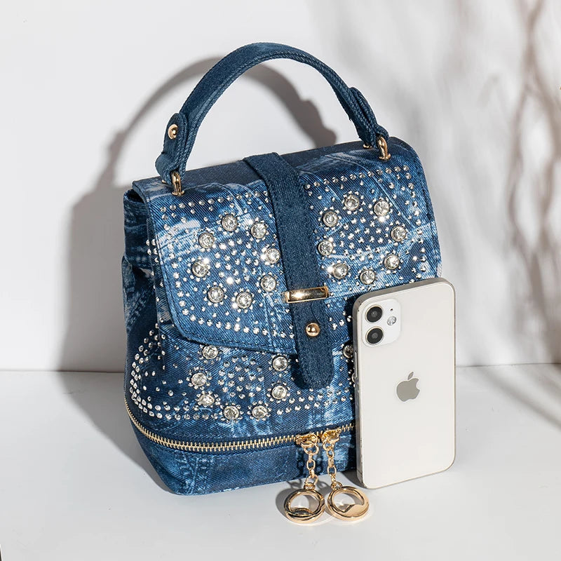 Diamond Appliques denim backpack multi-functional portable one-shoulder backpack