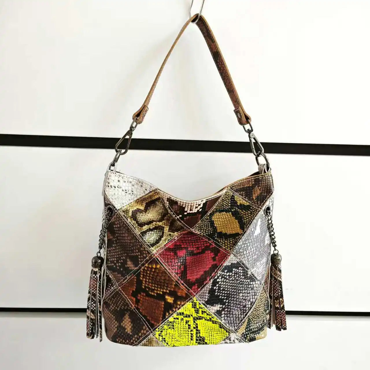 Snake Patchwork Design Handbag Genuine Leather Bucket Bag
