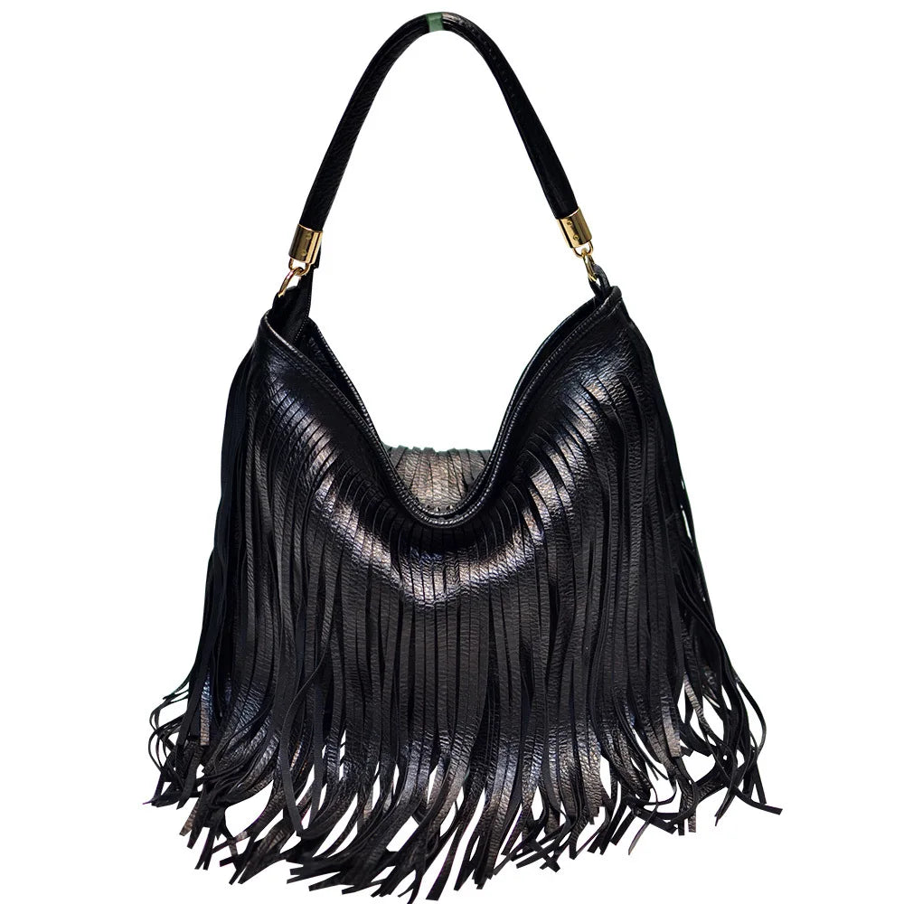 Large Capacity Tassel Shoulder Bags Leather Vintage Shoulder Crossbody Bags For Women
