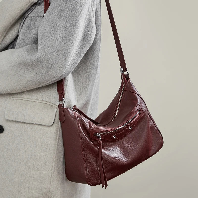 Retro Genuine Leather Underarm Shoulder Bag Luxury Design Solid Color Hobo