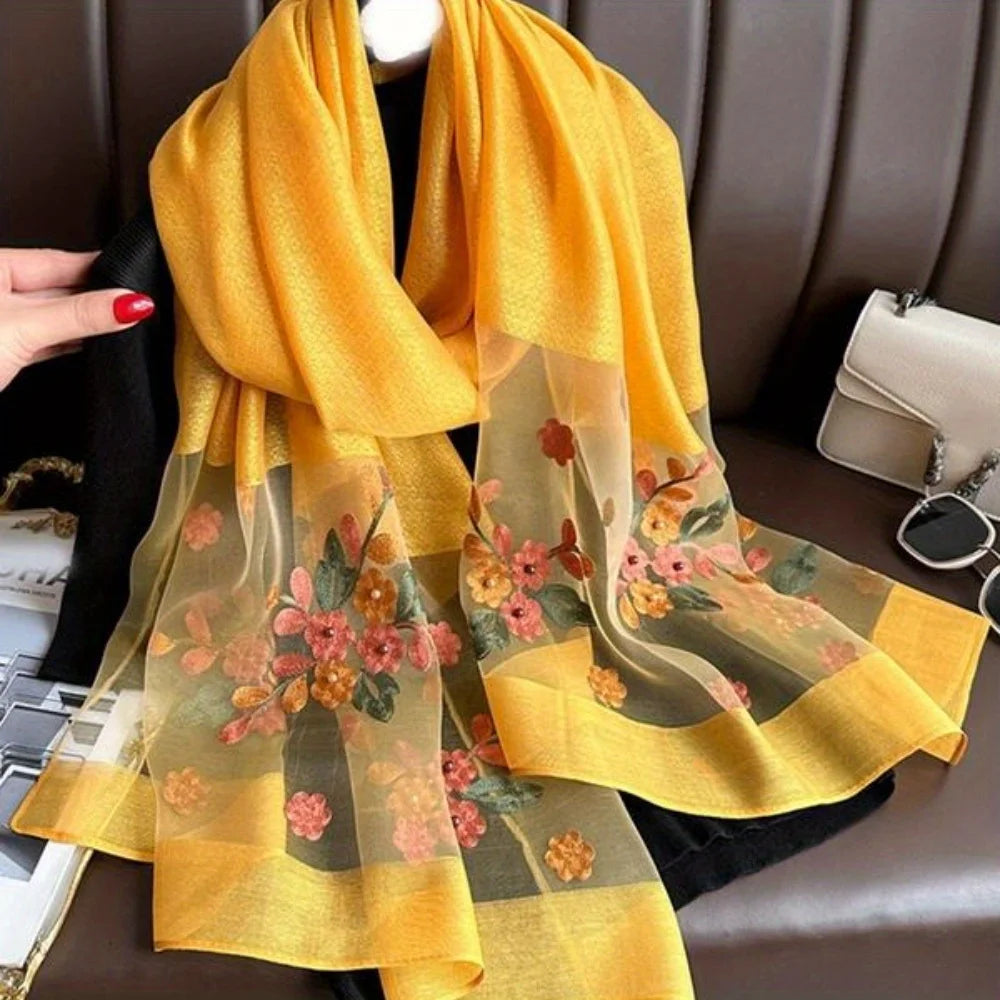 Elegant floral embroidered silk scarf for women stylish sunscreen beach shaw