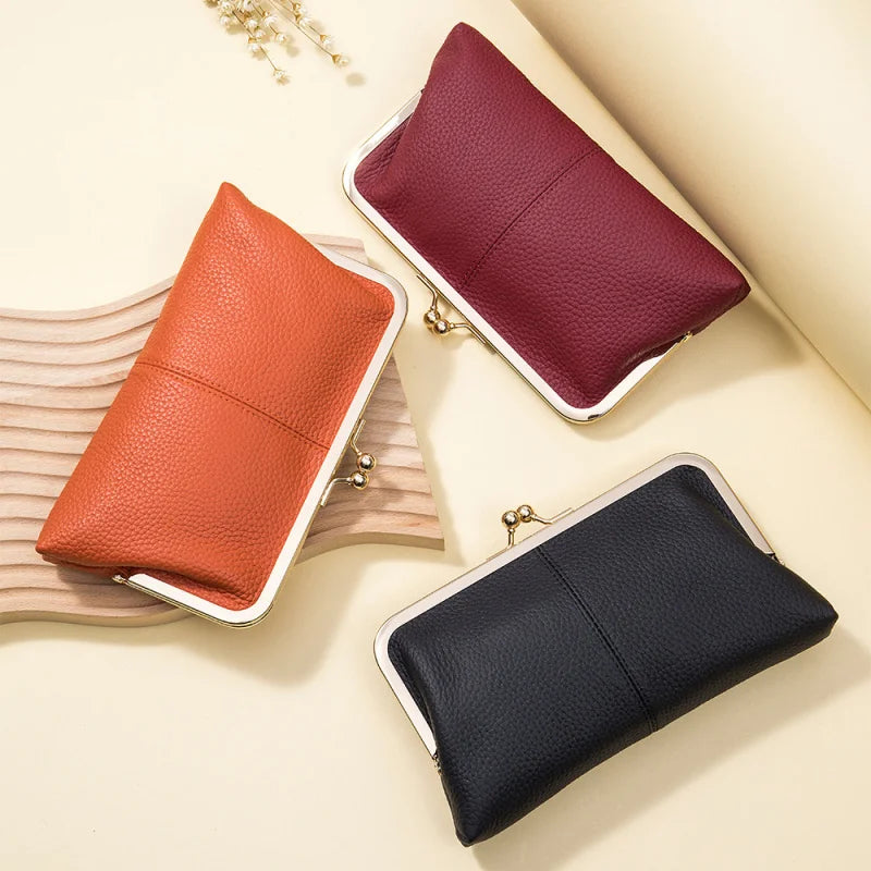 Genuine Cow Leather Long Clutch Wallet Clip Fashion Retro