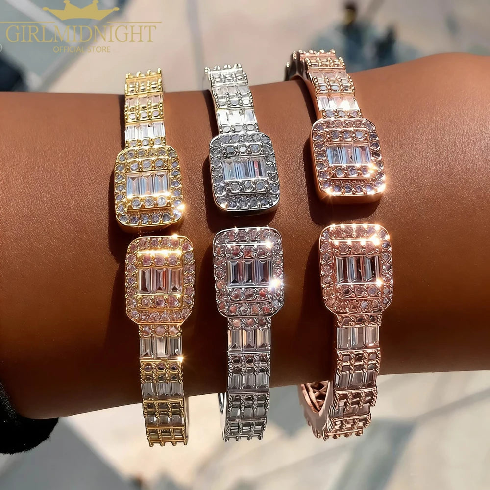 Rectangle Square Cubic Zirconia Charm Open Bangle Bracelet Women Fashion Jewelry