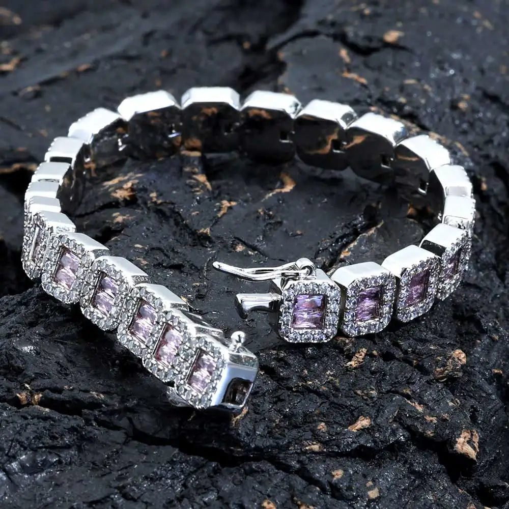 8mm Square Zirconia Brass Baguette Tennis Bracelet 18K Gold Plated Iced Out Jewelry