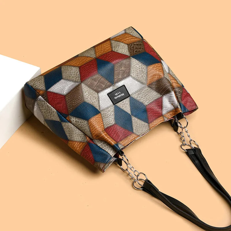 Fashion Contrast Color Large Capacity Female Tote Bag PU Leather Shoulder Bag