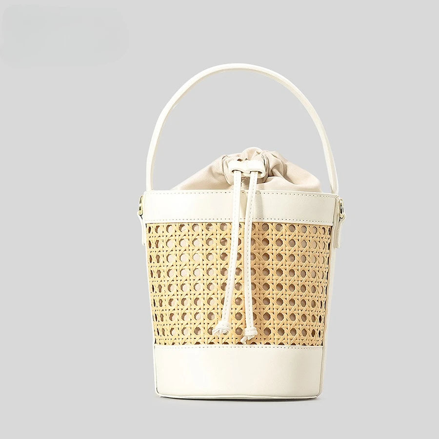 Fashionable Rattan Small Crossbody Handbag Leather Trim