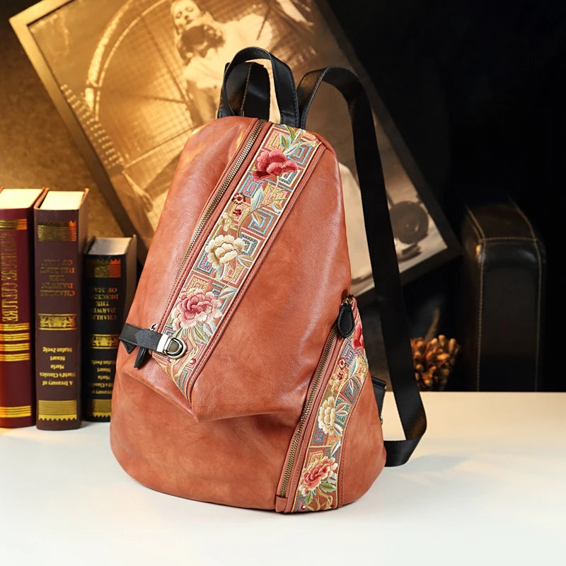 Retro Genuine Leather Women Backpack Embroidered Design Ladies Bag Travel Backpacks