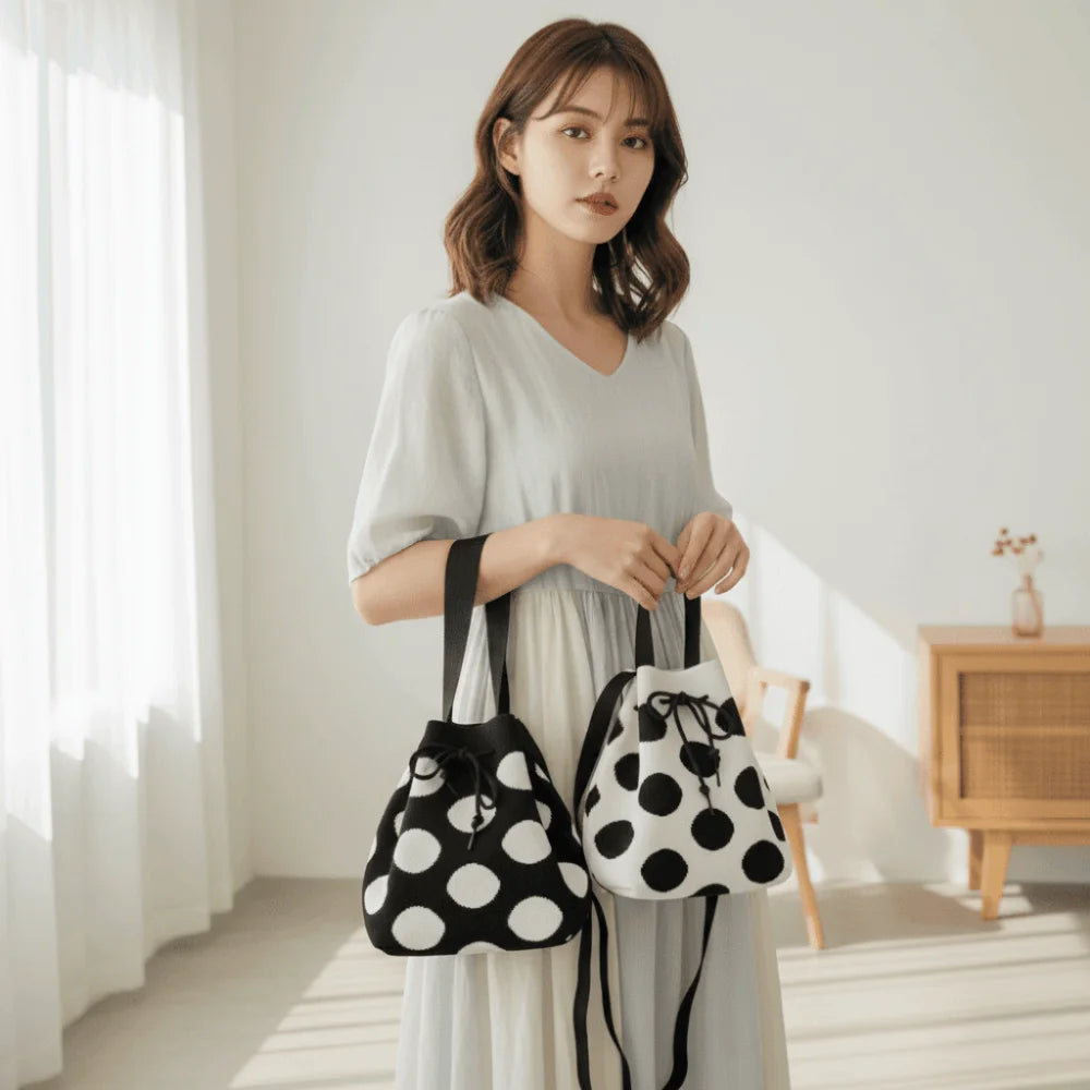 Crossbody Patterned Polka Dot Bucket Bag Soft Knit Tote