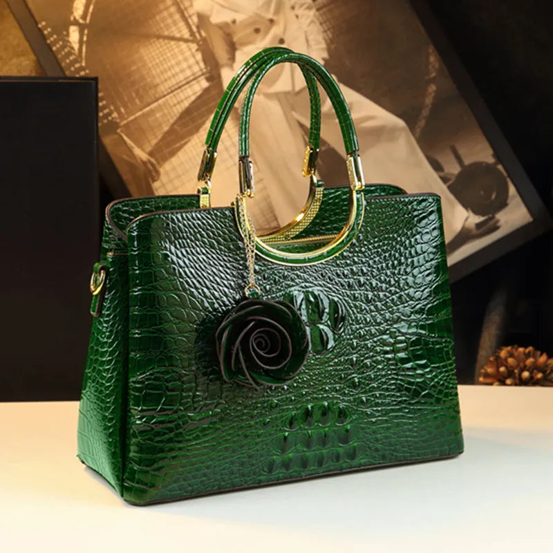 Genuine Leather Handbags Crocodile Pattern Flower Tassel Shoulder Messenger Bag