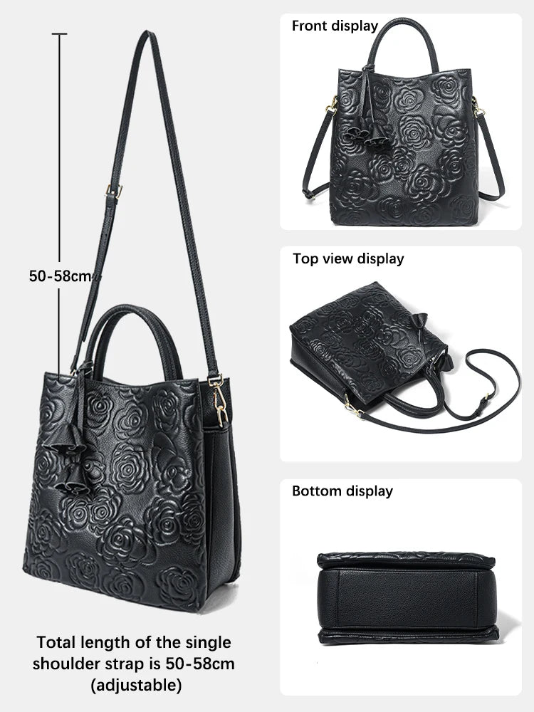 Genuine Leather Handbag Large Capacity Tote Crossbody Bag Rose Pattern Sac