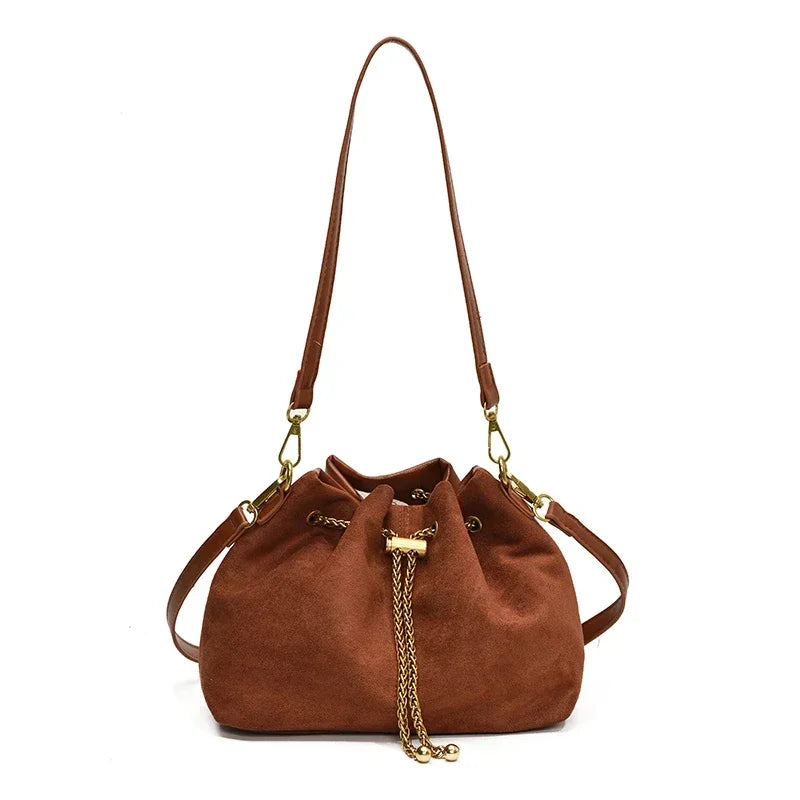 Soft Solid Faux Suede Simple Commuting Crossbody Bags String Closure Type Handbags
