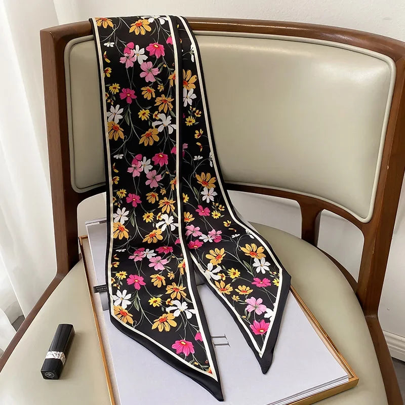 Fashion Headbands Women's Flower Print Lightweight Scarf Streamer Soft Satin Neckerchief