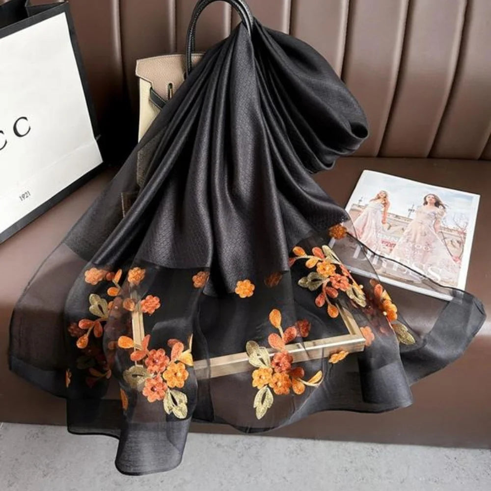 Elegant floral embroidered silk scarf for women stylish sunscreen beach shaw