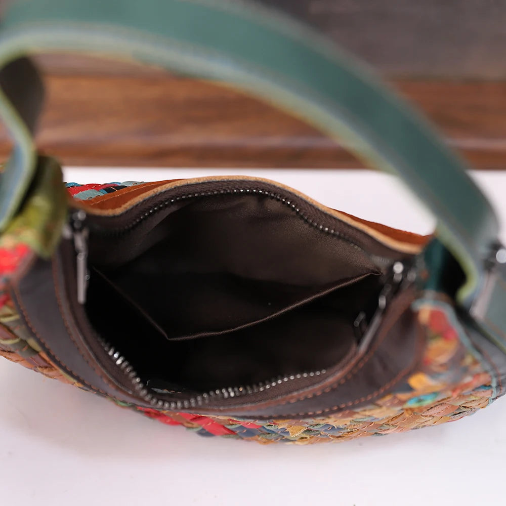 High-end leather retro hand-stitched woven crossbody bag