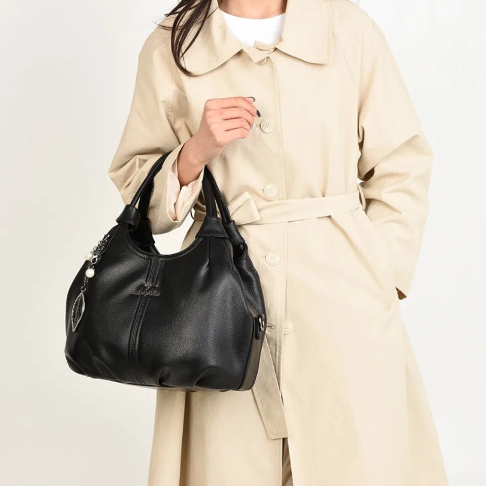 Soft Leather Hobo Handbag 3 Layer Shoulder Crossbody Bag with Pearl Leaf Pendant