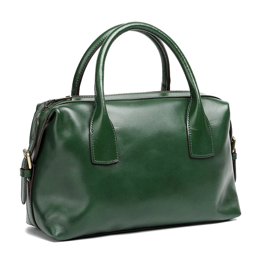 Vintage Green Genuine Leather Top-handle Bag For Women Boston Bag Shoulder Handbag