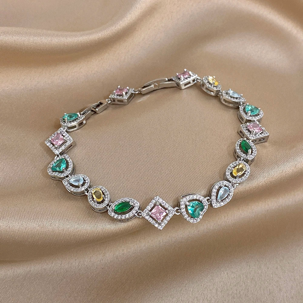 Colorful Rhinestone Chain Bracelet Sliver Color Multiple Geometry Shape Design Bangle