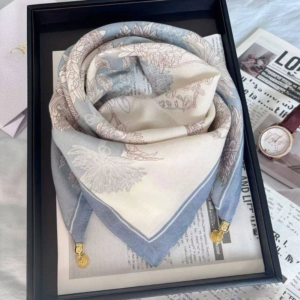 Magnetic Buckle Square Scarf Fashion Prints 65x65cm Neck Wraps