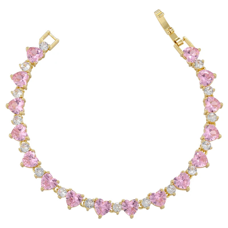 18K Gold-Plated Copper Luxury Tennis Bracelet Heart-Shaped CZ Diamond-Set Bracelet
