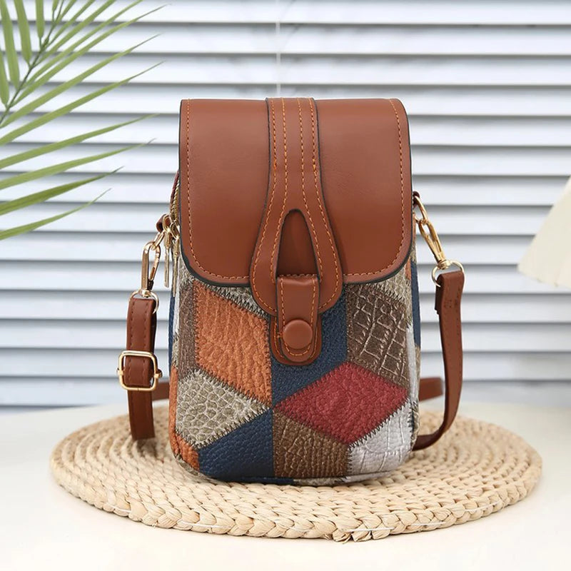 Retro Contrasting Color Multi-layer Small Crossbody Bag Diamond Splicing Phone Bag