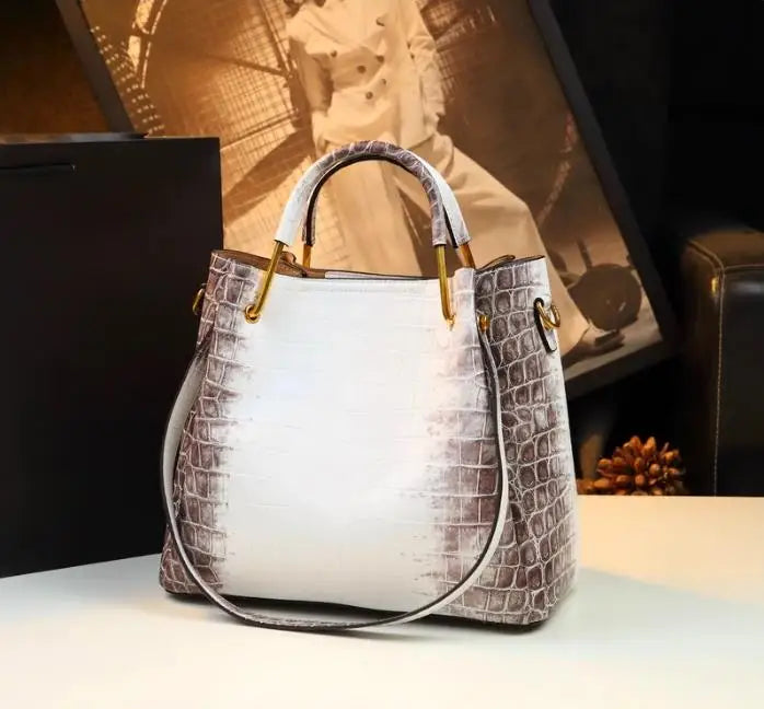 White Crocodile Pattern Leather Handbag Bucket Bag