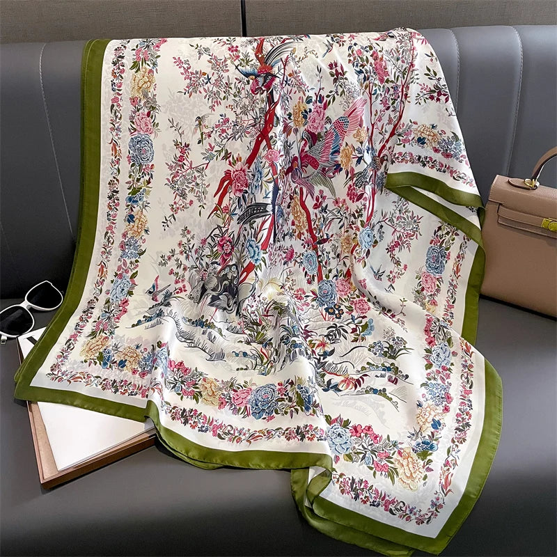 180*90cm Large Silk Satin Scarf Hijab Women Print Shawl
