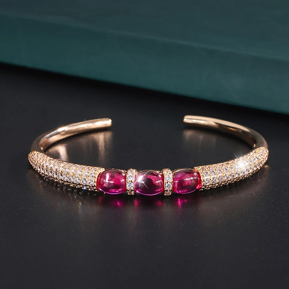 Luxury Bangles Vintage 6*8mm Ruby Stone Rose Gold Color Cuff Bracelets Fine Jewelry