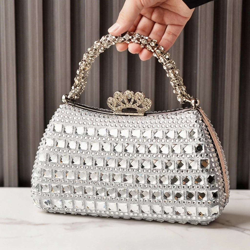 Silver Bag Shine Bling Crown Hasp Diamond Shoulder Bag
