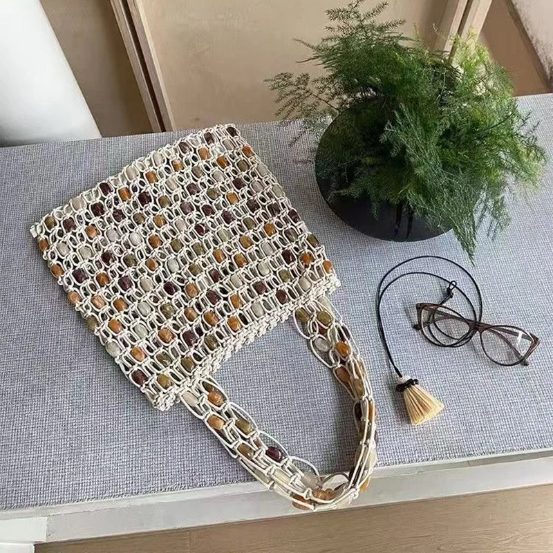 Hand-woven Beaded Tote Wooden Handle Knitted Bag