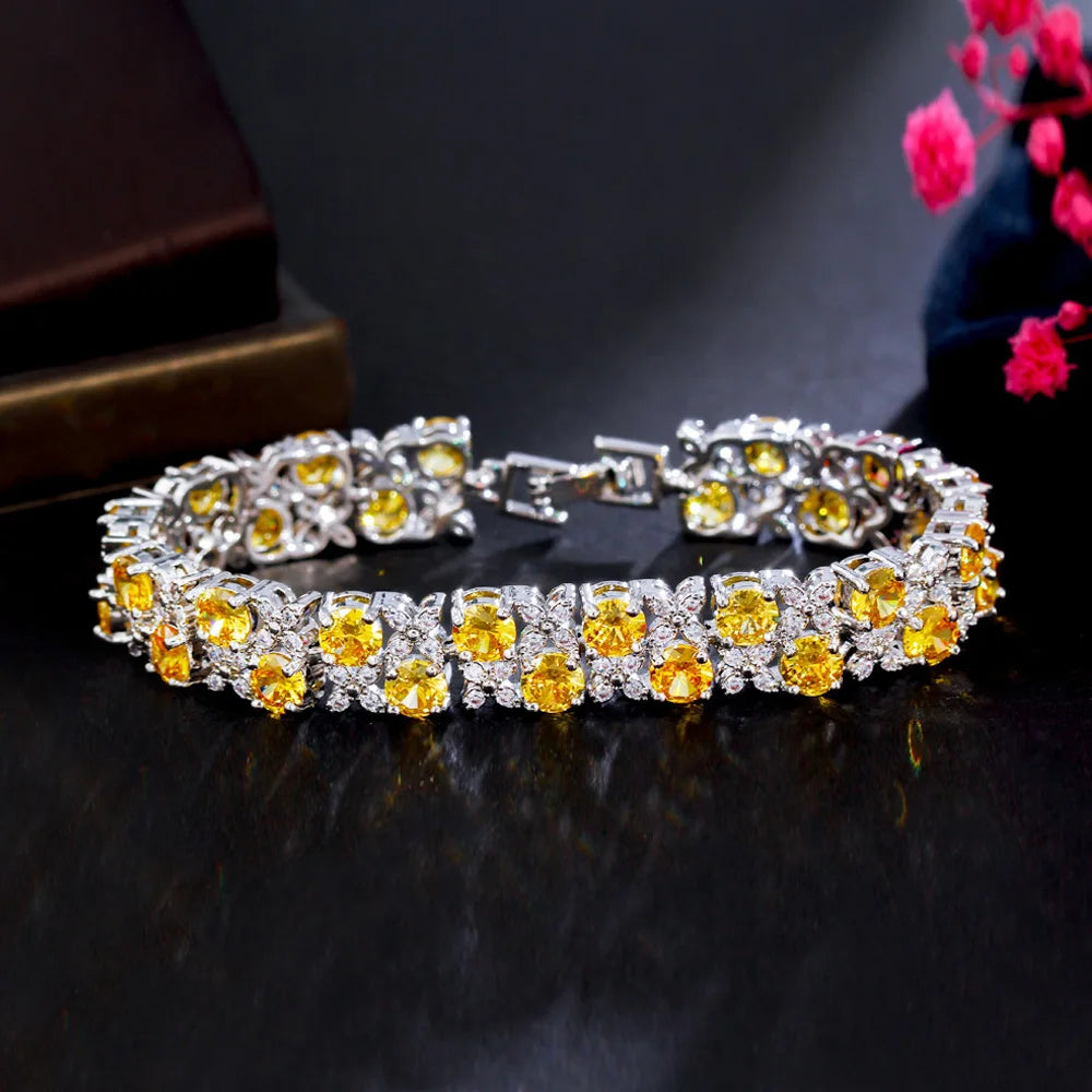 Luxury Shiny Yellow Cubic Zirconia Leaf Flower Shape Bracelet Fashion Jewelry