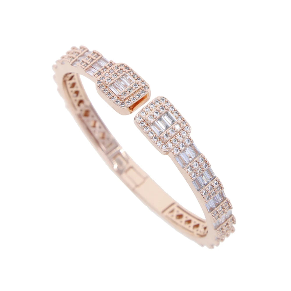 Rectangle Square Cubic Zirconia Charm Open Bangle Bracelet Women Fashion Jewelry