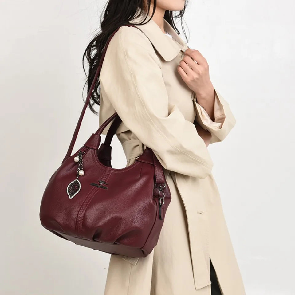 Soft Leather Hobo Handbag 3 Layer Shoulder Crossbody Bag with Pearl Leaf Pendant
