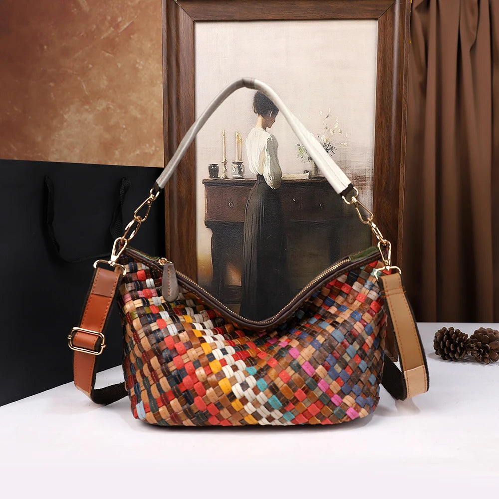 Fashionable tote bag woven with large capacity top layer leather