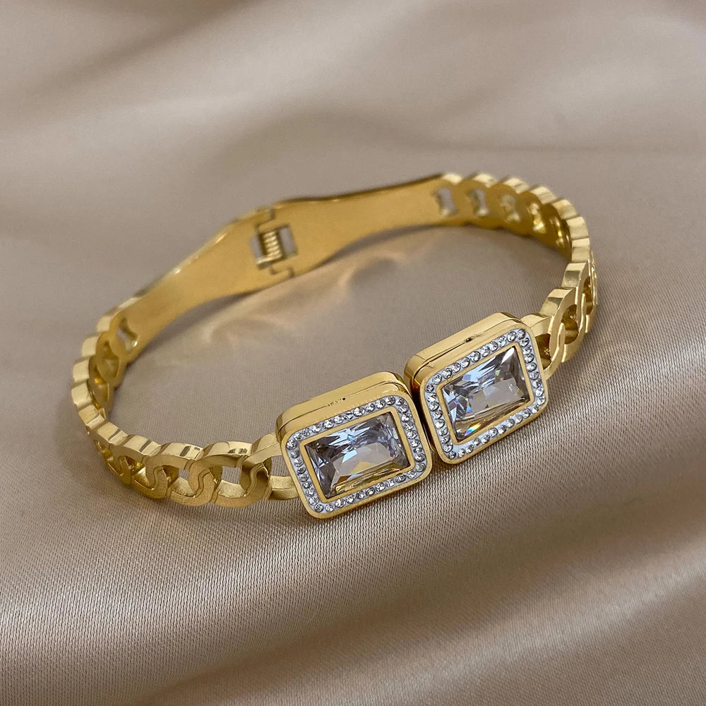 Luxury Big White Square Cubic Zirconia Stainless Steel Cuff Bracelet Jewelry
