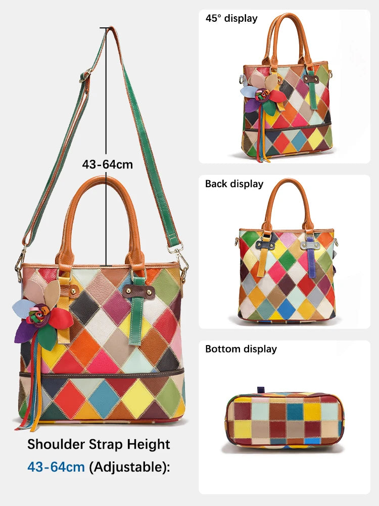 Fashionable Patchwork Tote Bag Genuine Leather Large Capacity
