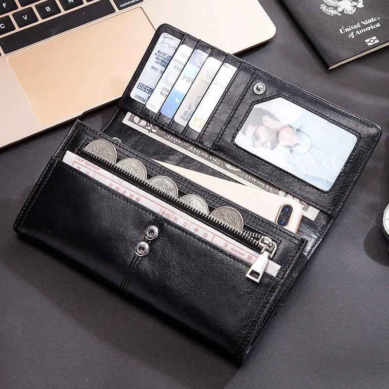 100% Genuine Leather Women Wallets Long With Cell Phone Holder Pocket