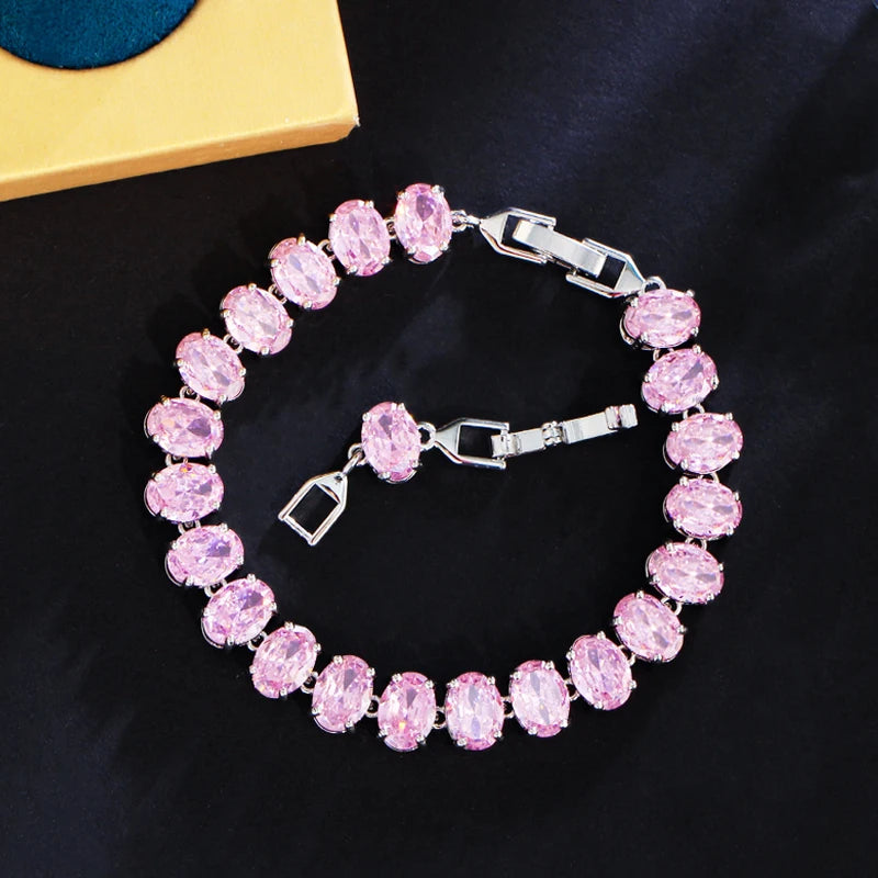 ThreeGraces Unique Green Cubic Zirconia Silver Color Oval CZ Tennis Link Chain Bracelet for Women Chic Daily Party Jewelry BR372