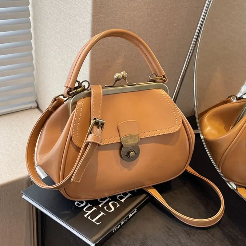 Metal Clip Handbag Leather Stitching Large Capacity Shoulder Bag