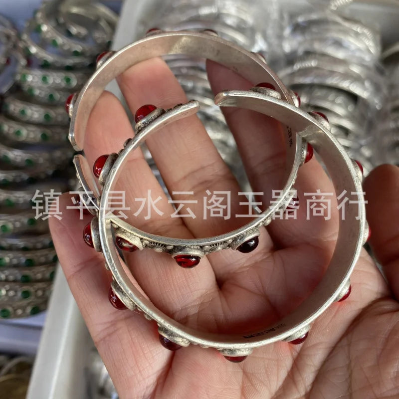 Vintage Engraving Open Women's White Copper Silver-Plated Stylish Bracelet