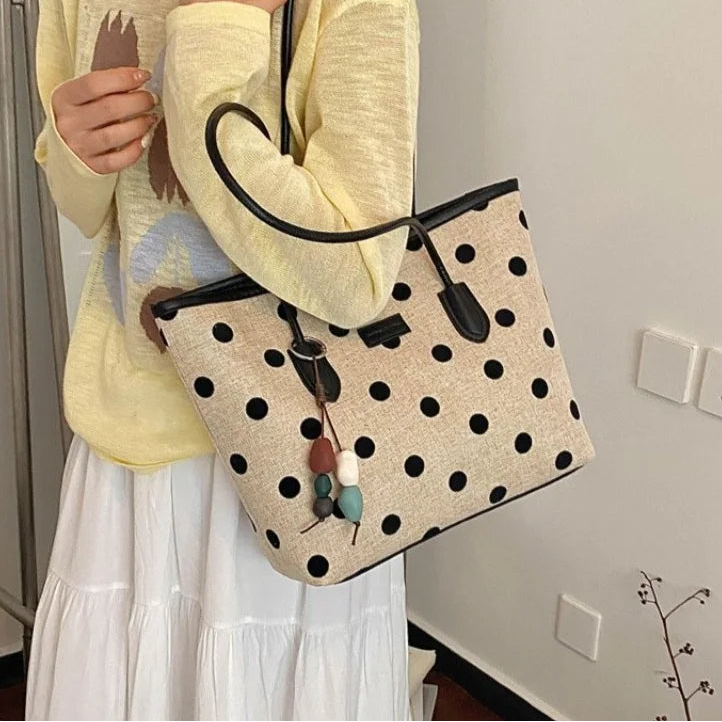 Big Polka Dot Woven Canvas Spliced PU Large Tote Bag